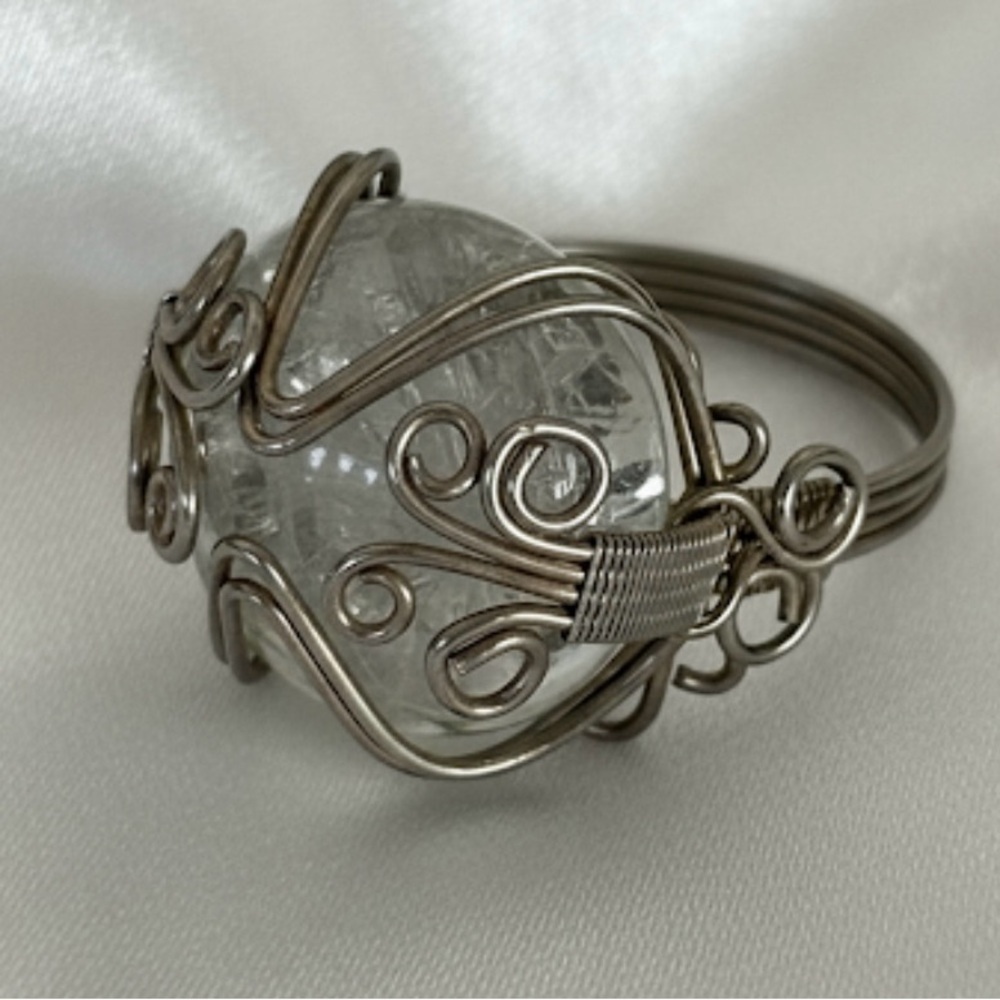 Vintage Wire Wrapped Clear Cabochon Statement Ring Silver Tone